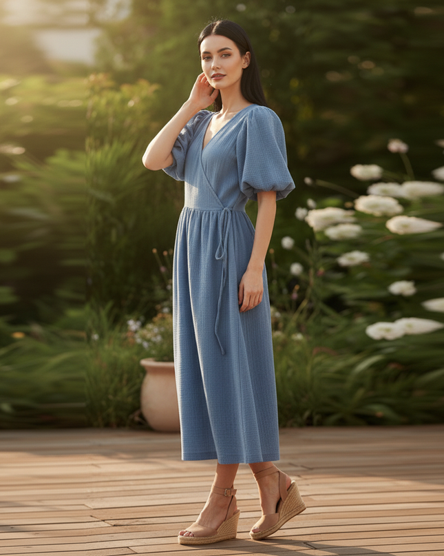 Musselin Kleid Dunkelblau Baumwolle Lang | Musselin Kleid - Ansicht 3