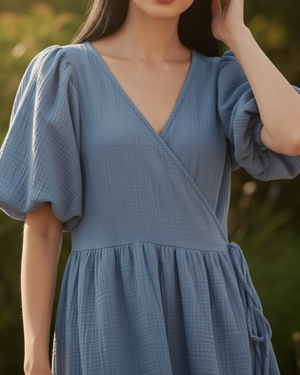 Musselin Kleid Dunkelblau Baumwolle Lang | Musselin Kleid - Ansicht 4