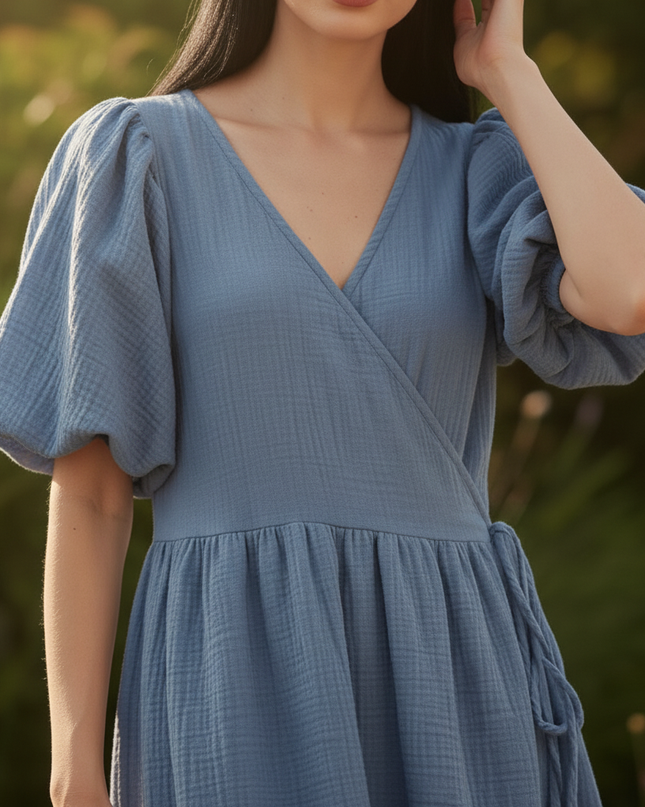 Musselin Kleid Dunkelblau Baumwolle Lang | Musselin Kleid - Ansicht 4