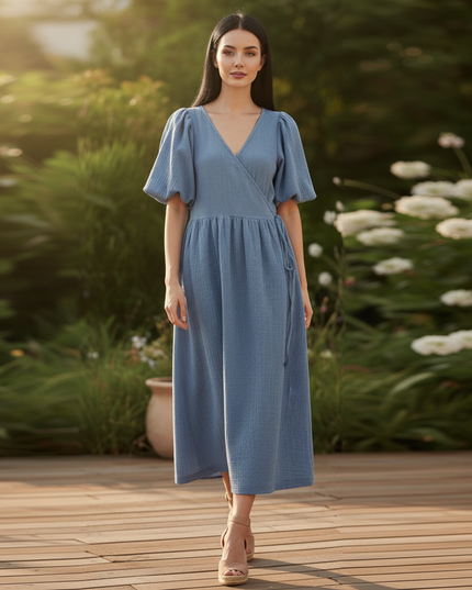 Musselin Kleid Dunkelblau Baumwolle Lang | Musselin Kleid - Ansicht 5