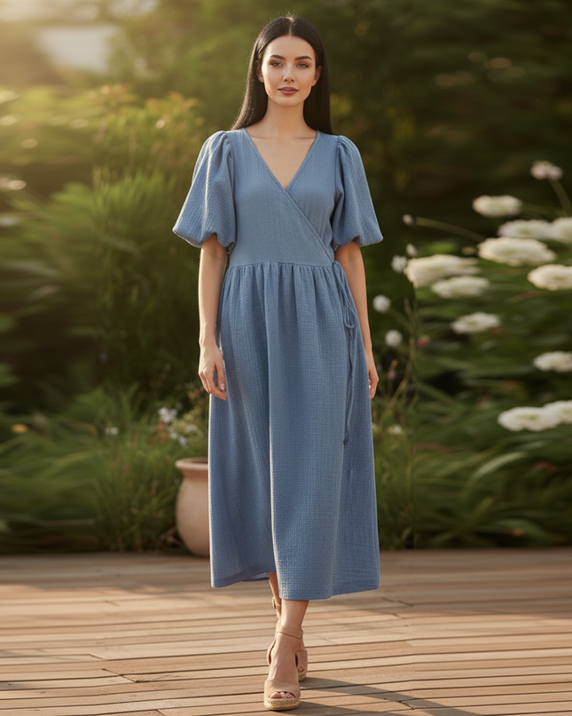 Musselin Kleid Dunkelblau Baumwolle Lang | Musselin Kleid - Ansicht 5