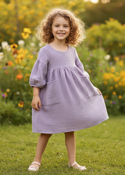 Musselin Kleid Flieder Maedchen - Laternenarm 1T-6T - Ansicht 1