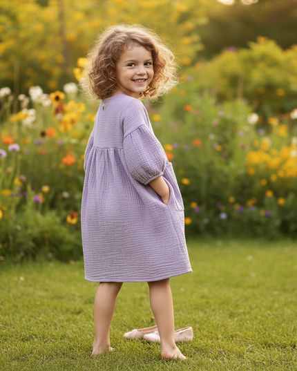 Musselin Kleid Flieder Maedchen - Laternenarm 1T-6T - Ansicht 2