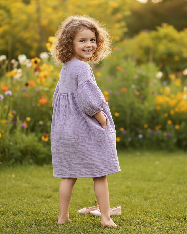 Musselin Kleid Flieder Maedchen - Laternenarm 1T-6T - Ansicht 2