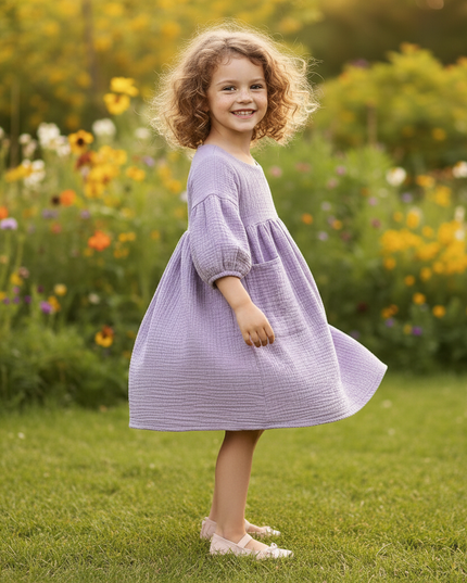 Musselin Kleid Flieder Maedchen - Laternenarm 1T-6T - Ansicht 3