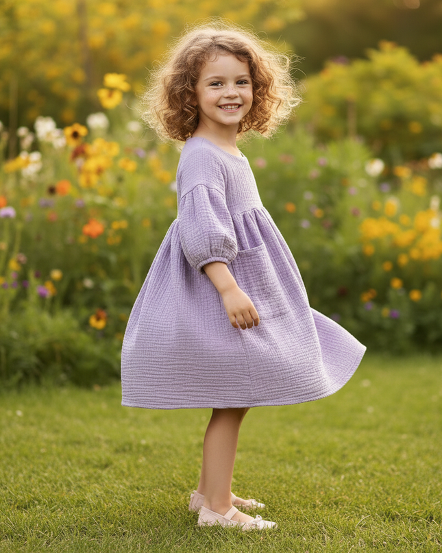Musselin Kleid Flieder Maedchen - Laternenarm 1T-6T - Ansicht 3