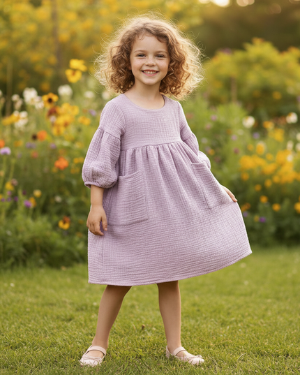 Musselin Kleid Flieder Maedchen - Laternenarm 1T-6T - Ansicht 4