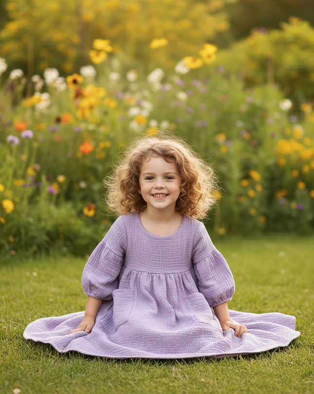 Musselin Kleid Flieder Maedchen - Laternenarm 1T-6T - Ansicht 5