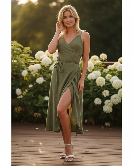 Musselin Kleid Gruen V-Ausschnitt Kurz | Musselin Kleid - Ansicht 1