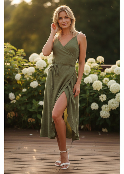 Musselin Kleid Gruen V-Ausschnitt Kurz | Musselin Kleid - Ansicht 1