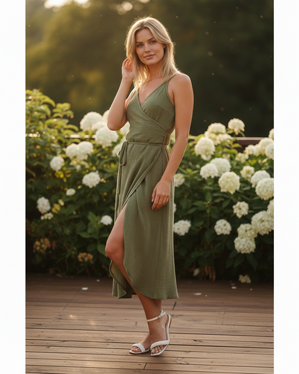 Musselin Kleid Gruen V-Ausschnitt Kurz | Musselin Kleid - Ansicht 3