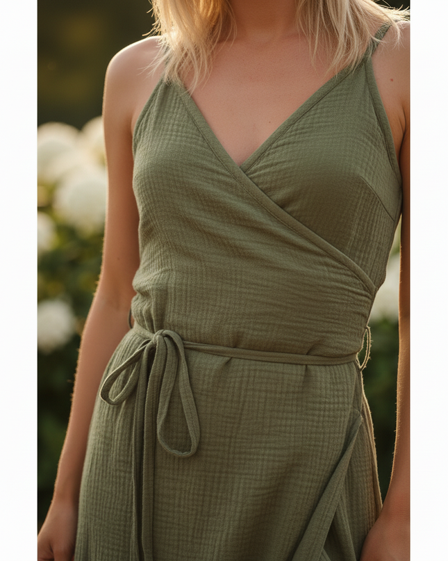 Musselin Kleid Gruen V-Ausschnitt Kurz | Musselin Kleid - Ansicht 4