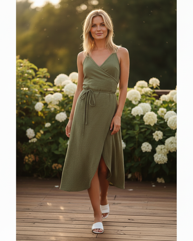 Musselin Kleid Gruen V-Ausschnitt Kurz | Musselin Kleid - Ansicht 5