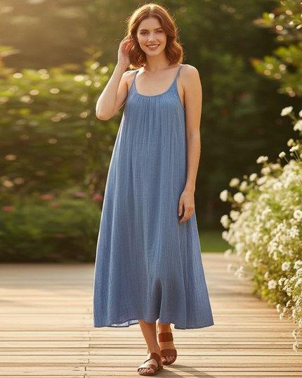 Musselin Kleid Hellblau Sommer Lang | Musselin Kleid - Ansicht 1