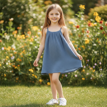 Musselin Kleid Kind - Blau Aermellos 80-130 cm - Ansicht 1