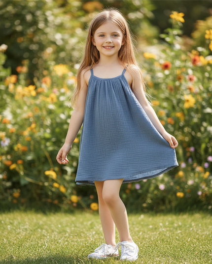 Musselin Kleid Kind - Blau Aermellos 80-130 cm - Ansicht 1