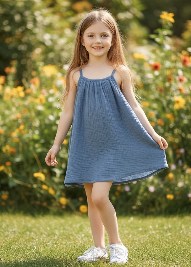 Musselin Kleid Kind - Blau Aermellos 80-130 cm - Ansicht 1