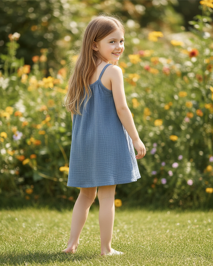 Musselin Kleid Kind - Blau Aermellos 80-130 cm - Ansicht 2