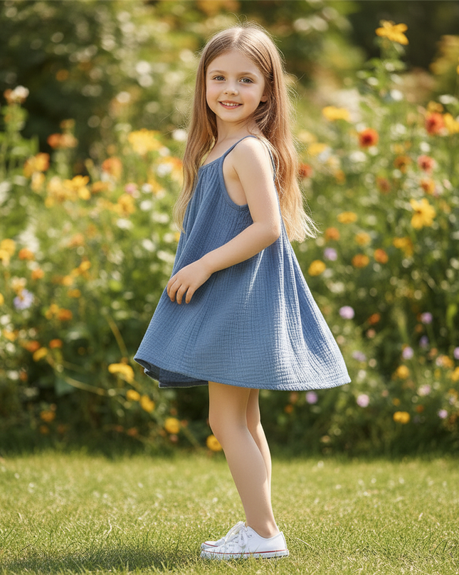 Musselin Kleid Kind - Blau Aermellos 80-130 cm - Ansicht 3