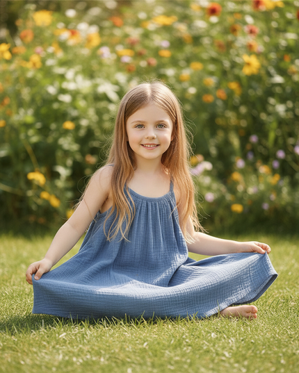 Musselin Kleid Kind - Blau Aermellos 80-130 cm - Ansicht 5