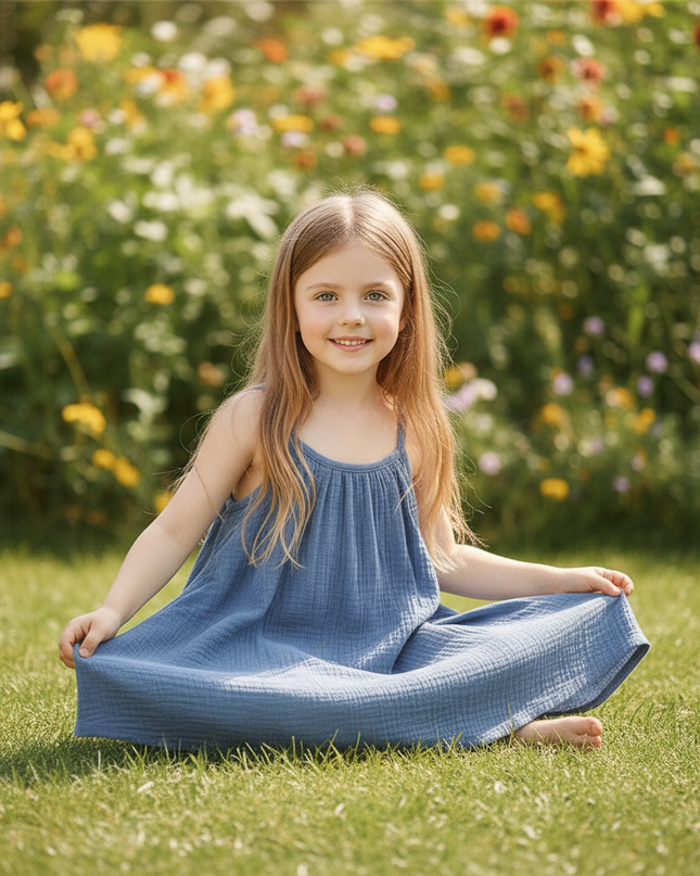 Musselin Kleid Kind - Blau Aermellos 80-130 cm - Ansicht 5