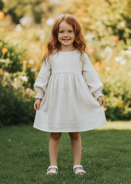 Musselin Kleid Kinder - Weiss Langarm 90-130 cm - Ansicht 1