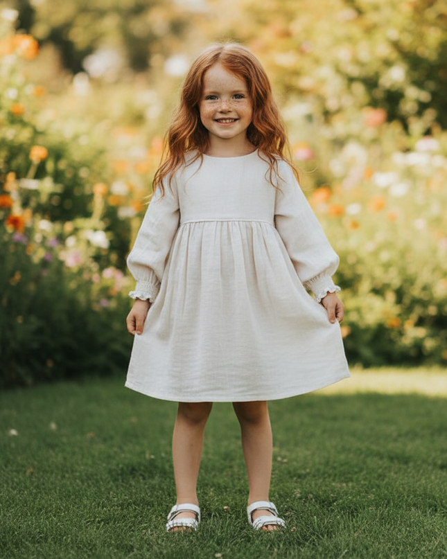 Musselin Kleid Kinder - Weiss Langarm 90-130 cm - Ansicht 1
