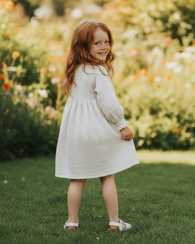 Musselin Kleid Kinder - Weiss Langarm 90-130 cm - Ansicht 2