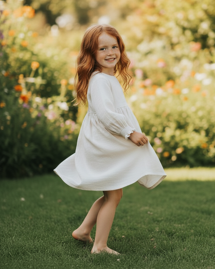 Musselin Kleid Kinder - Weiss Langarm 90-130 cm - Ansicht 3