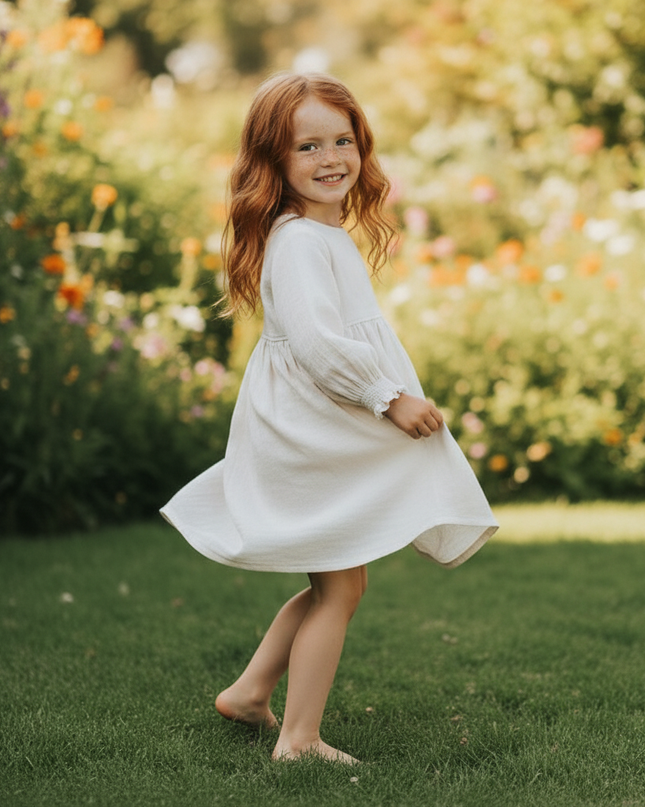 Musselin Kleid Kinder - Weiss Langarm 90-130 cm - Ansicht 3