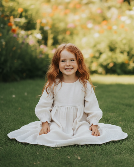 Musselin Kleid Kinder - Weiss Langarm 90-130 cm - Ansicht 5