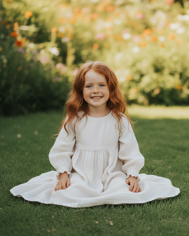 Musselin Kleid Kinder - Weiss Langarm 90-130 cm - Ansicht 5