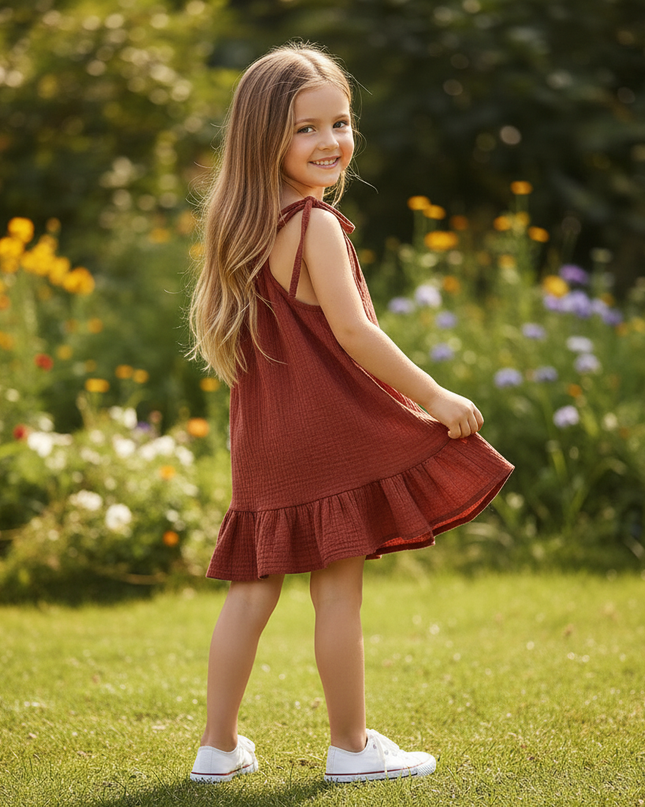 Musselin Kleid Kordel Kind - Burgund Baby Kleid - Ansicht 2
