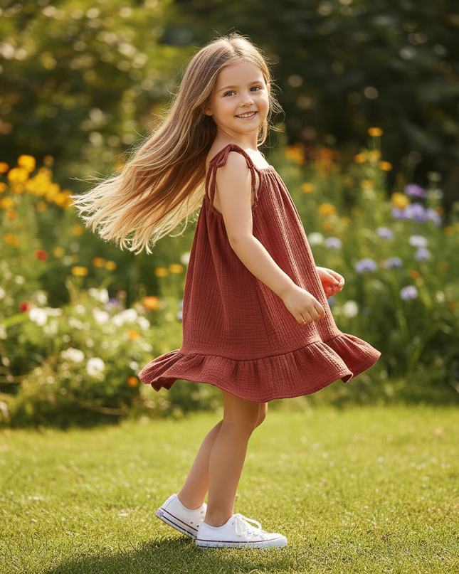 Musselin Kleid Kordel Kind - Burgund Baby Kleid - Ansicht 3