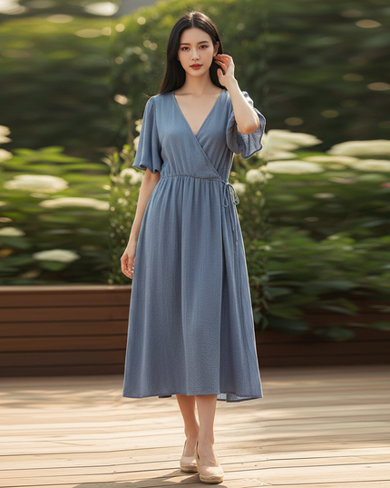 Musselin Kleid Kurz Blau Puffarmel - 100% Baumwolle - Ansicht 1