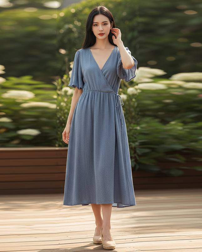 Musselin Kleid Kurz Blau Puffarmel - 100% Baumwolle - Ansicht 1