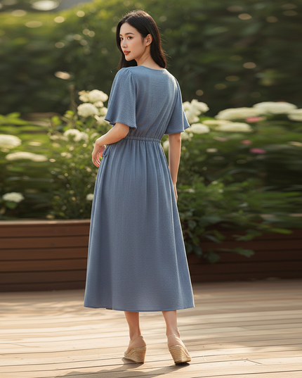 Musselin Kleid Kurz Blau Puffarmel - 100% Baumwolle - Ansicht 2