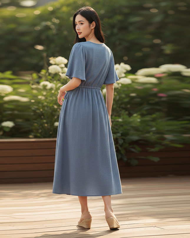 Musselin Kleid Kurz Blau Puffarmel - 100% Baumwolle - Ansicht 2