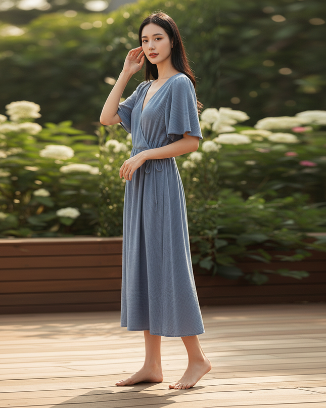 Musselin Kleid Kurz Blau Puffarmel - 100% Baumwolle - Ansicht 3