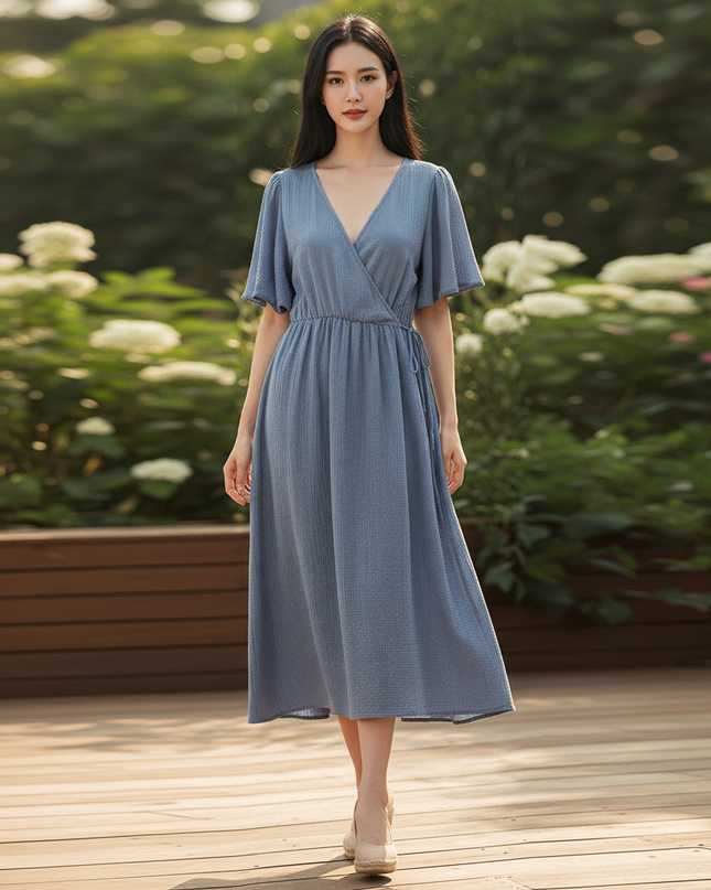 Musselin Kleid Kurz Blau Puffarmel - 100% Baumwolle - Ansicht 5