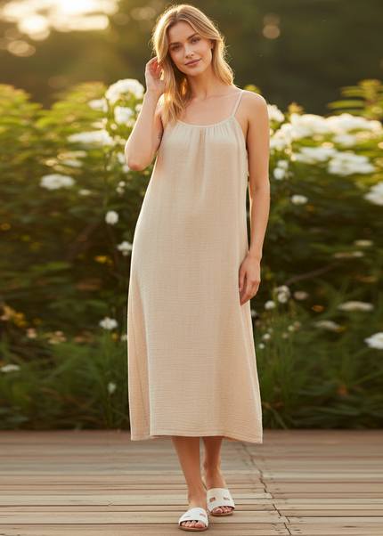 Musselin Kleid Kurz Blumen - Beige Traegerkleid - Ansicht 1