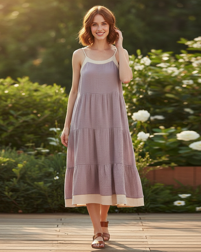 Musselin Kleid Kurz Boho - Lila Tragerschnitt - Ansicht 1