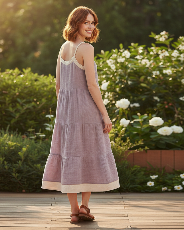 Musselin Kleid Kurz Boho - Lila Tragerschnitt - Ansicht 2