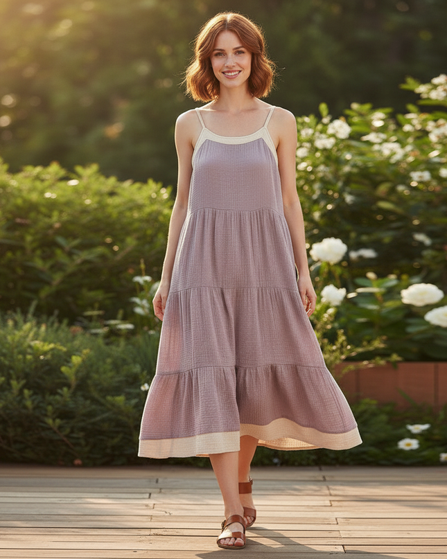 Musselin Kleid Kurz Boho - Lila Tragerschnitt - Ansicht 5