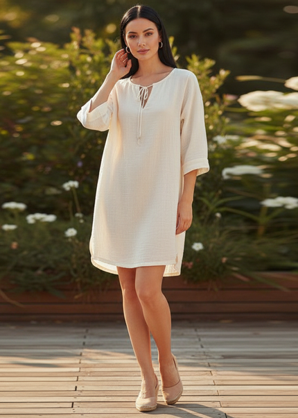 Musselin Kleid Kurz Creme - Zartes Langarm Mini - Ansicht 1