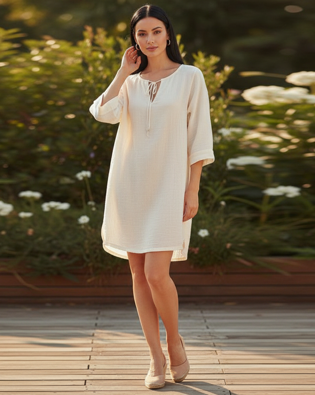 Musselin Kleid Kurz Creme - Zartes Langarm Mini - Ansicht 1