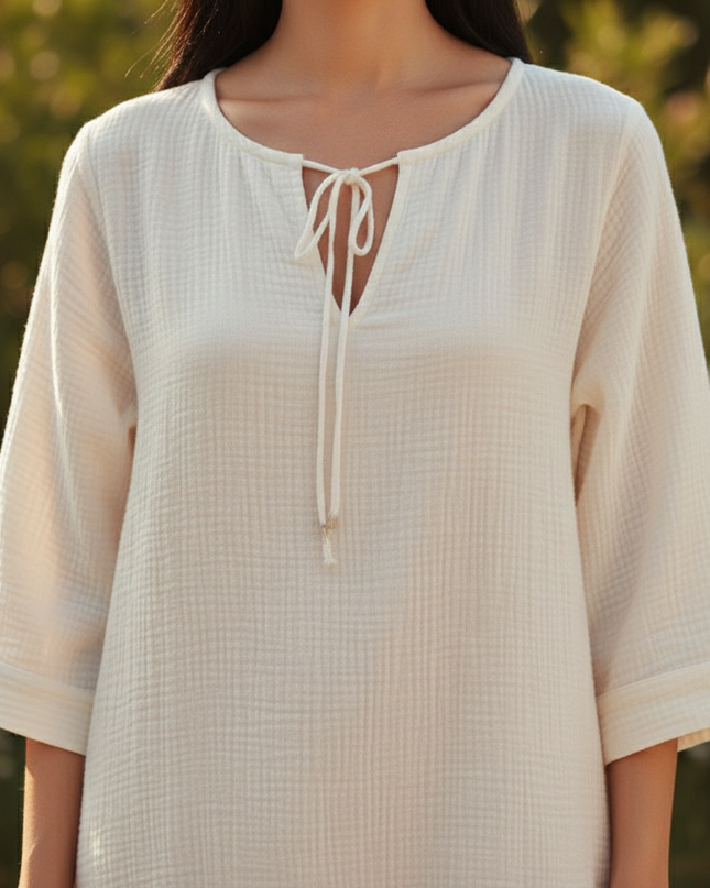 Musselin Kleid Kurz Creme - Zartes Langarm Mini - Ansicht 4