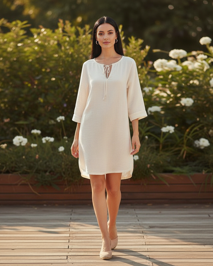 Musselin Kleid Kurz Creme - Zartes Langarm Mini - Ansicht 5