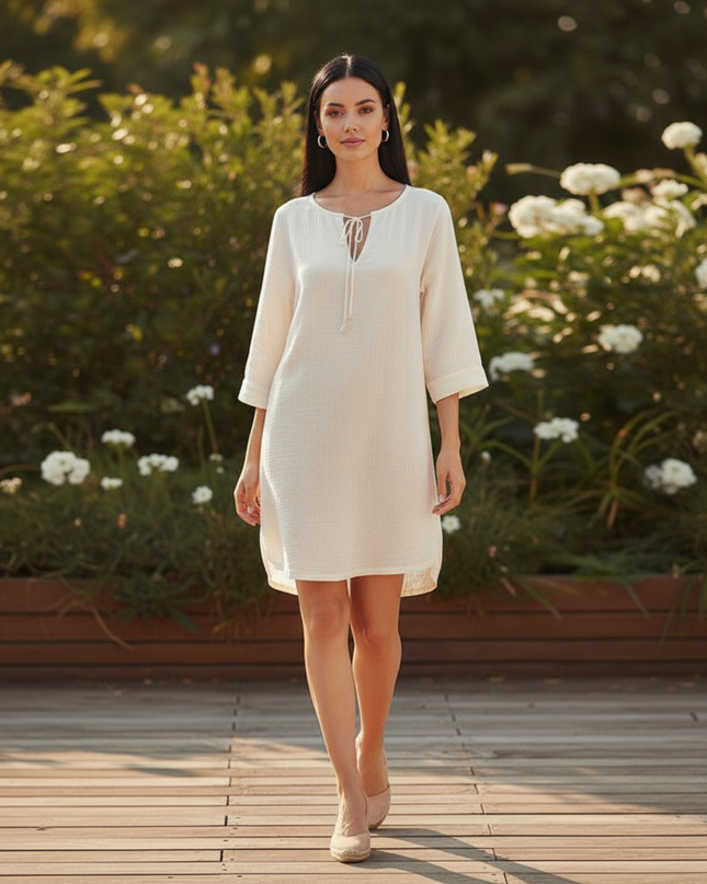 Musselin Kleid Kurz Creme - Zartes Langarm Mini - Ansicht 5