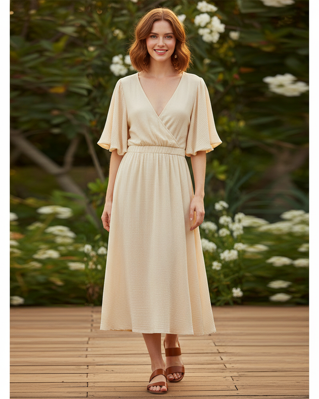 Musselin Kleid Kurz Creme Puffarmel - 100% Baumwolle - Ansicht 1